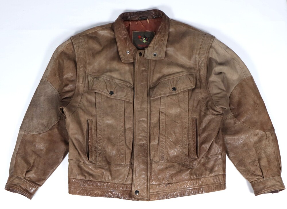 Vintage Gino Gallucci Two Tone Brown Leather Bomber Jacket Distressed 90s Size L